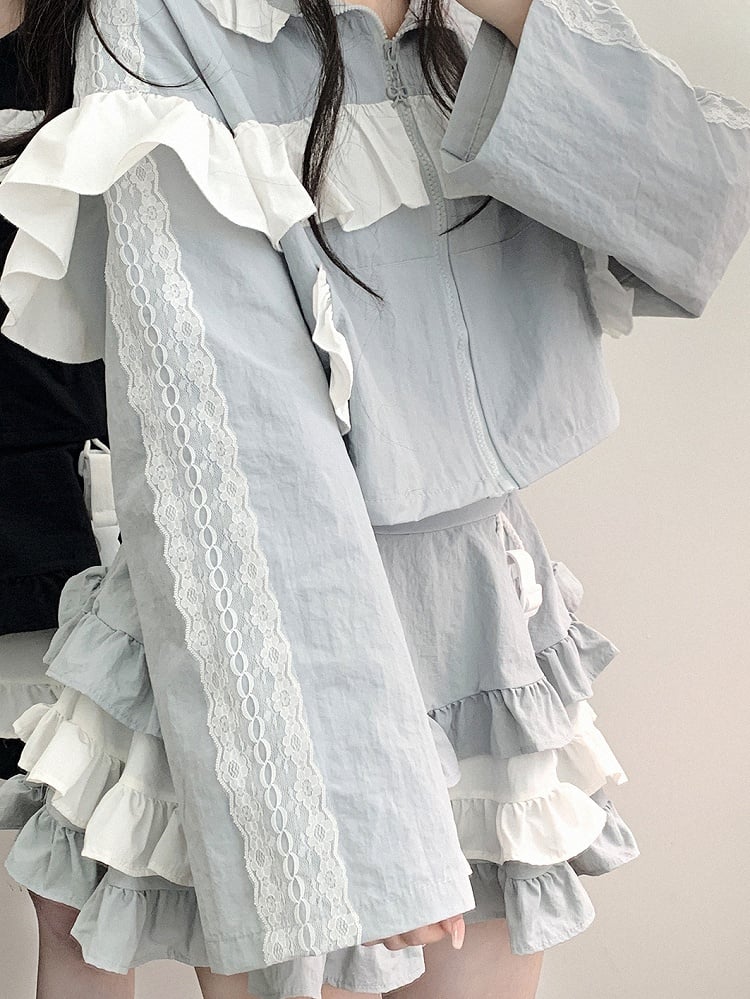 Blaue Spitzenakzente Techwear Landmine Style Kurzer Zip Hoodie