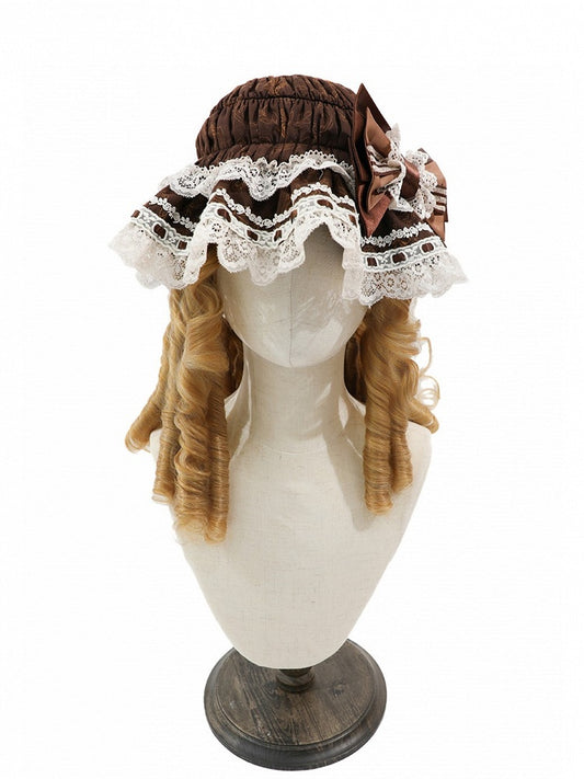 Brown Lace Trim Baby Hat with Bow - Twin Bear Original Design