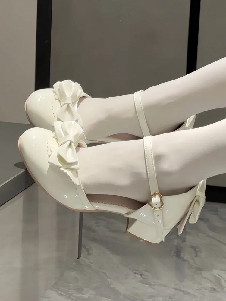 Lolita Sandals - Low PU with Bow Leather White Elegant Heel Accent