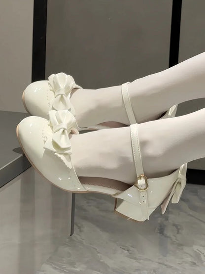 Lolita Sandals - Low PU with Bow Leather White Elegant Heel Accent