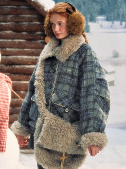 with Accents Blue Vintage Coat Contrast Furry Plaid