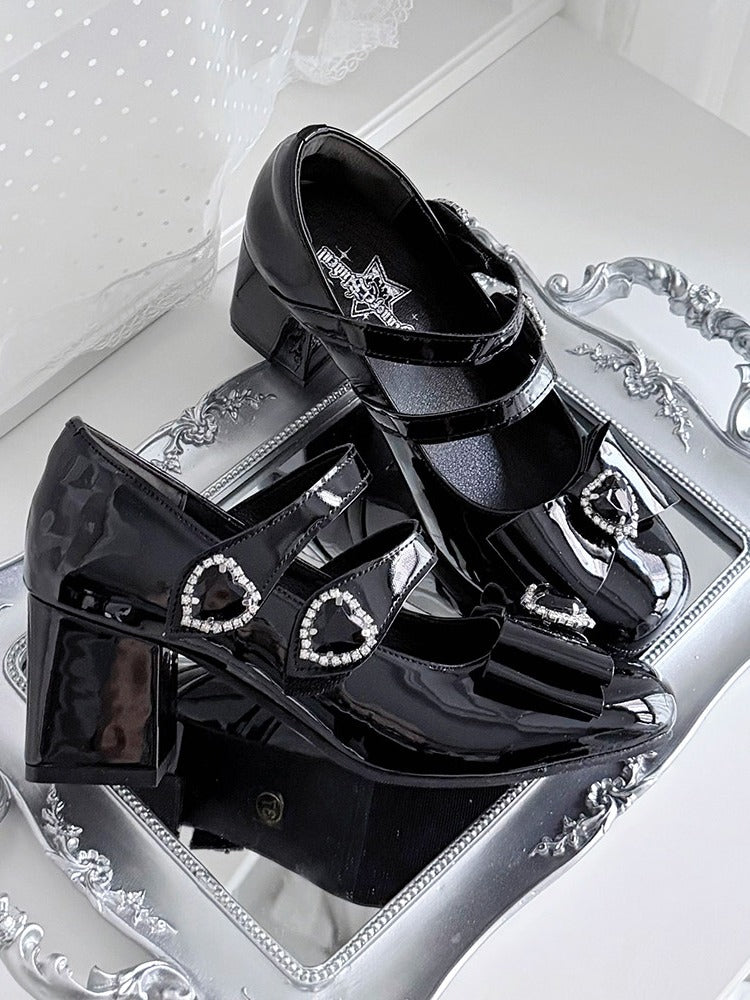 Elegant Black Square Toe Mary Jane Shoes with Heart Decor Buckle Straps - Transfer Student