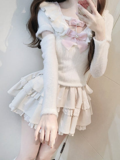Weißer Pullover mit Rüschenausschnitt, Cut-Out-Ärmeln, Stufenrock und rosa Schleifen-Set