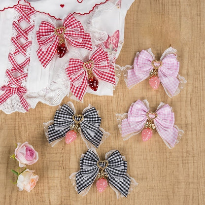 Lolita Sweet Bowknot Kei Plaid with Charm Red/Pink/Black Strawberry Hairclips Jirai - Style