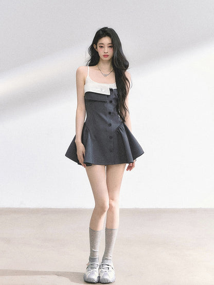 Faux Foldover Dress Two-pieces Spaghetti Gray Collar Strap