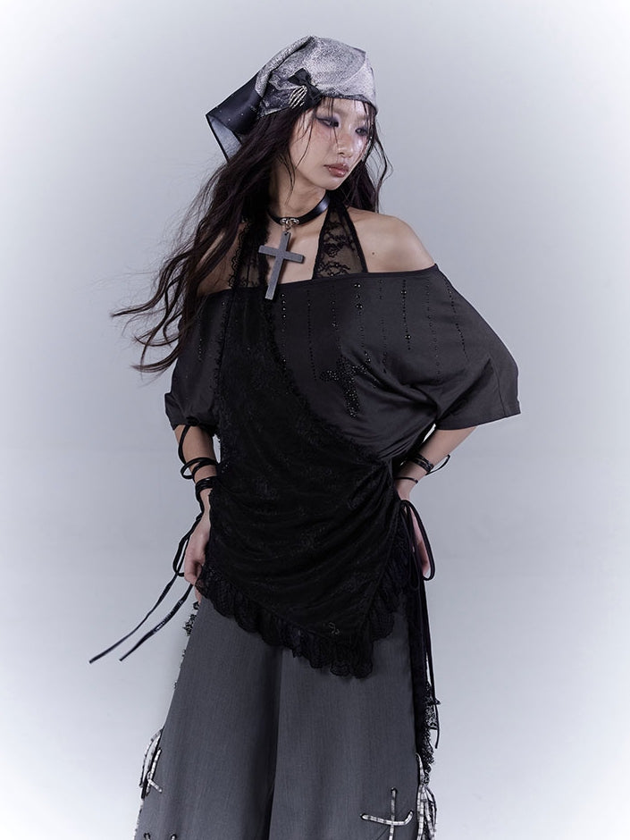 T-Shirt Neckholder Schwarz Kreuz Strass Gebogener Saum