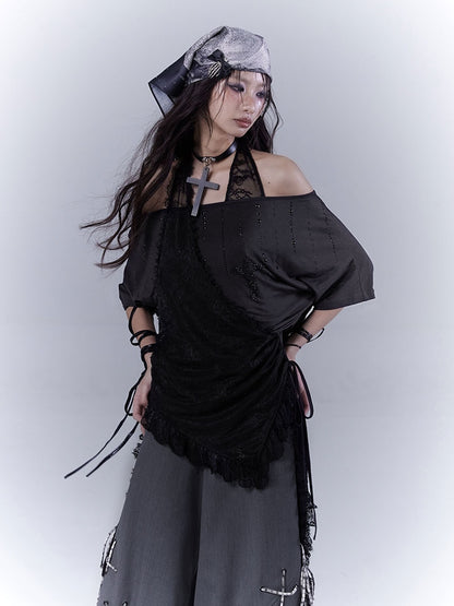 T-Shirt Neckholder Schwarz Kreuz Strass Gebogener Saum