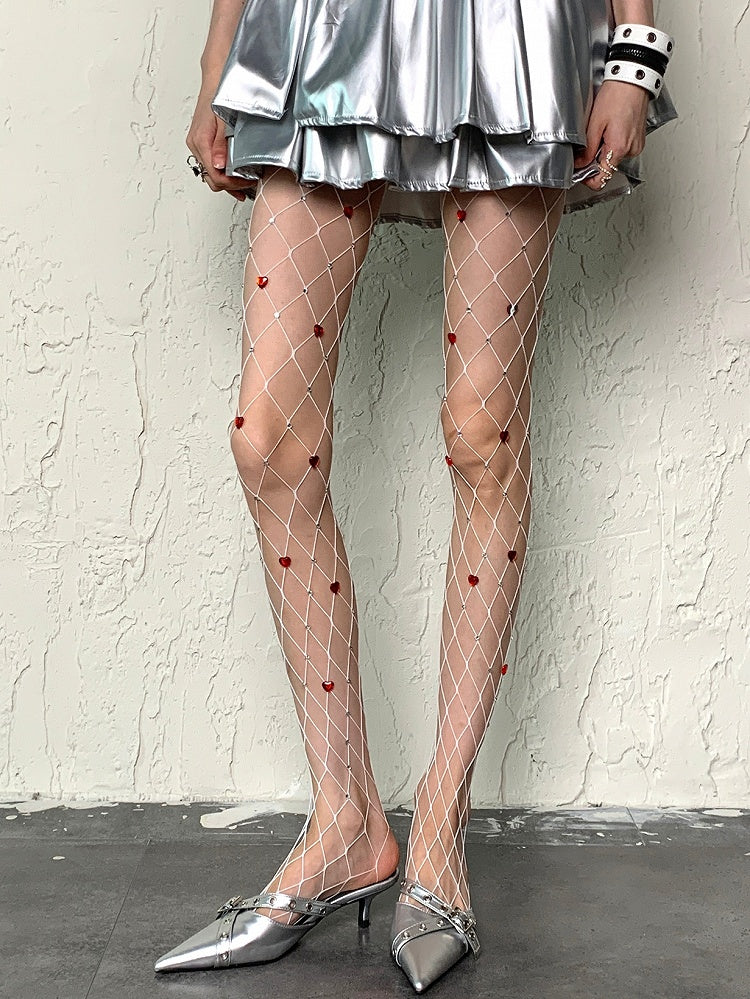 Heart Decorated Y2K Tights Rhinestone Details White/Black Fishnet