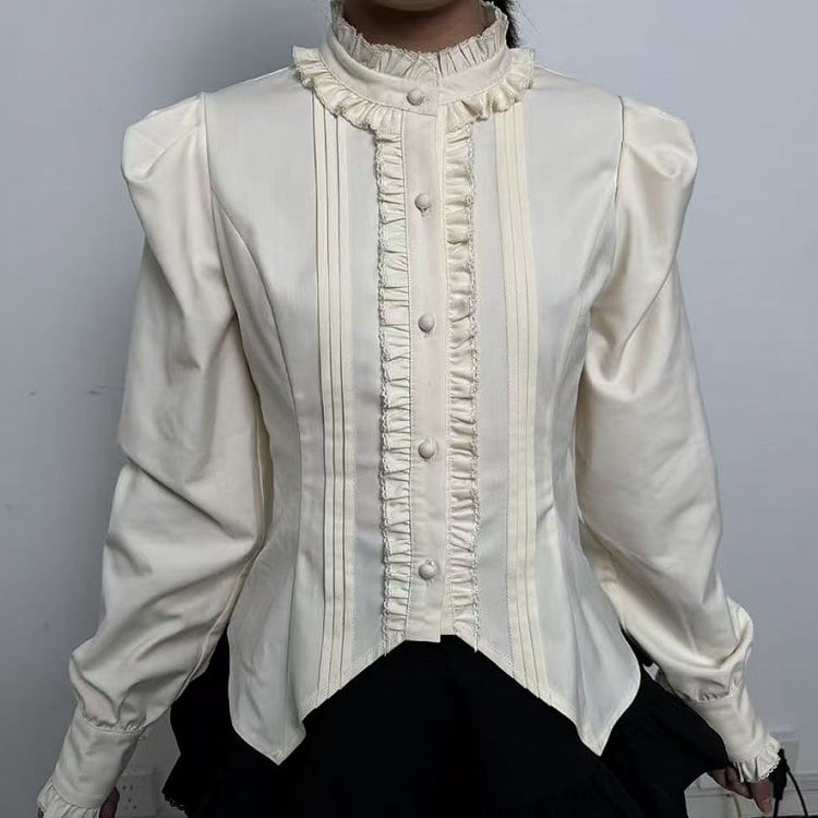 Lolita Apricot Sleeves Ruffle Back Long Lacing Blouse with Neckline