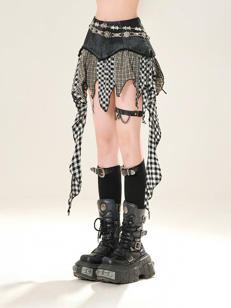 ブラックハンカチヘムチェックスカート