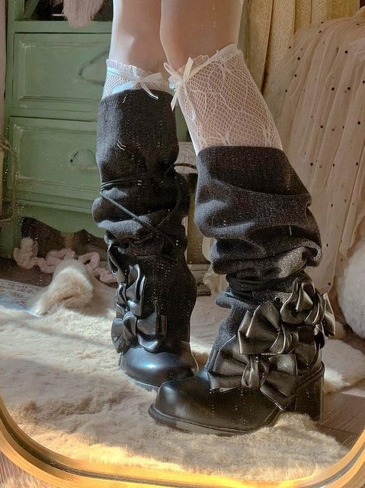 Lacing Boots Mid-heel Stacked Accents Bow - Design Black Bittersweet