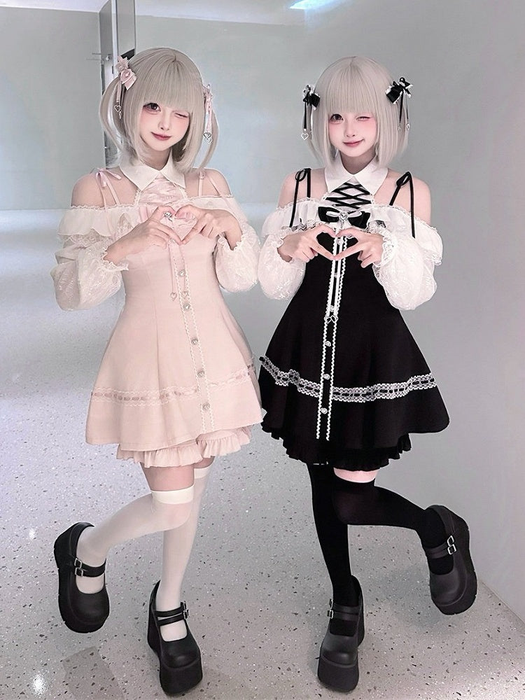 Monochrome Jirai-Kei Two-Piece Ensemble - Off-Shoulder Lace Long Sleeve Gown + Coordinating Shorts - Puppet Bombs