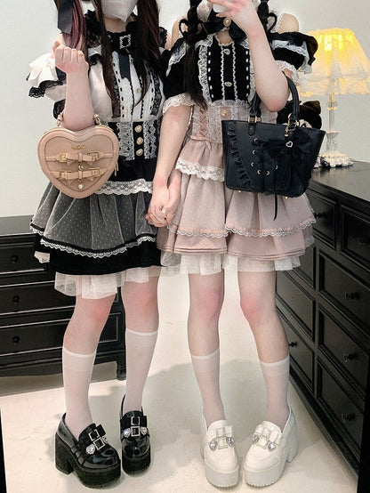 Waist Sweetheart Buttons Trim High Lace Black/Pink/Blue