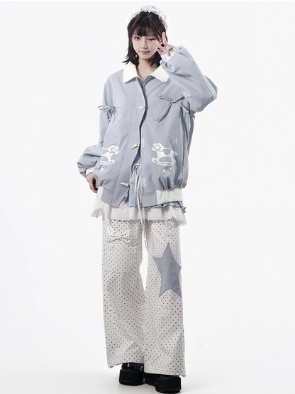White Straight-Leg Trousers Featuring Light Blue Star Appliqué & Polka Dot Print - PINK SAVIOR