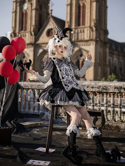 Lolita Panel OP Juliette + Belt Clowncore Stripes Bow Waist Dress Black - Sleeves KC Printed Detachable Set