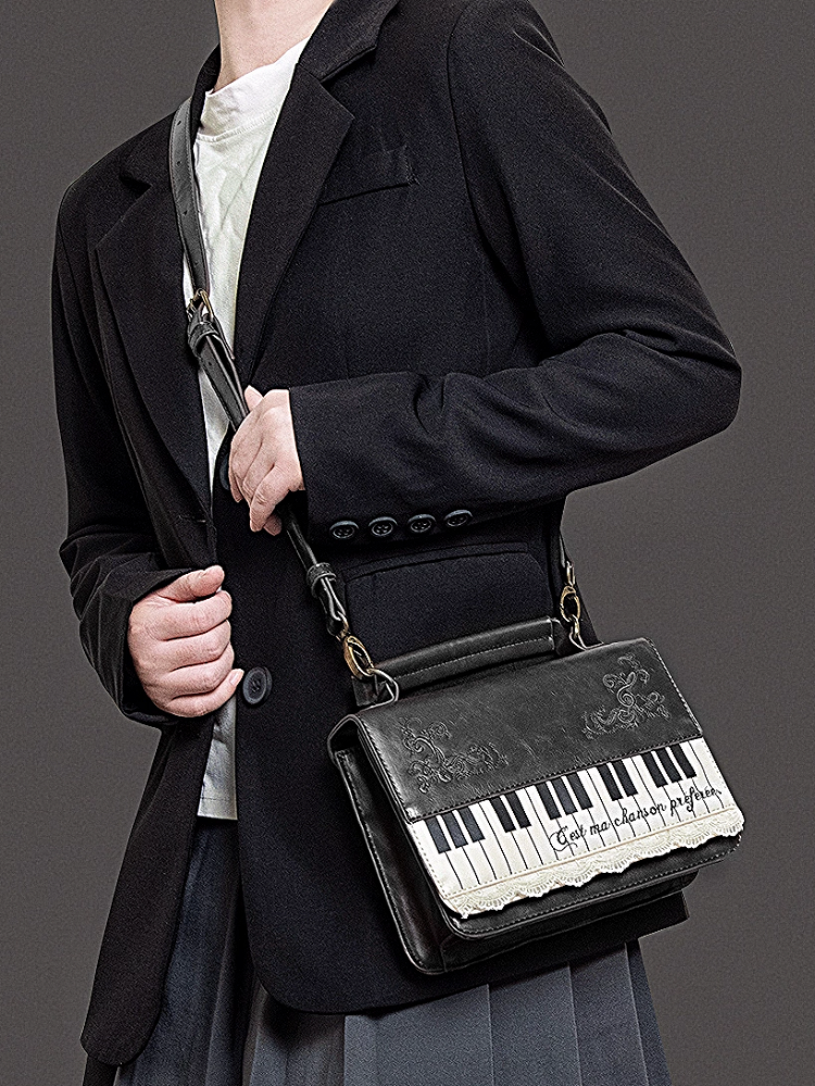Backpack Crossbody Accents With Small-Sized Chic Piano-Themed Briefcase Embroidered Black Floral