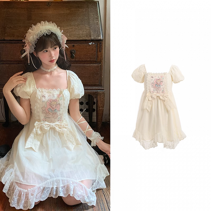 Puff-Lolita-Kleid, große Taille und Märchendruck, Aprikose, quadratisch, lässige Ärmel, Schleife, kurzer, süßer Ausschnitt