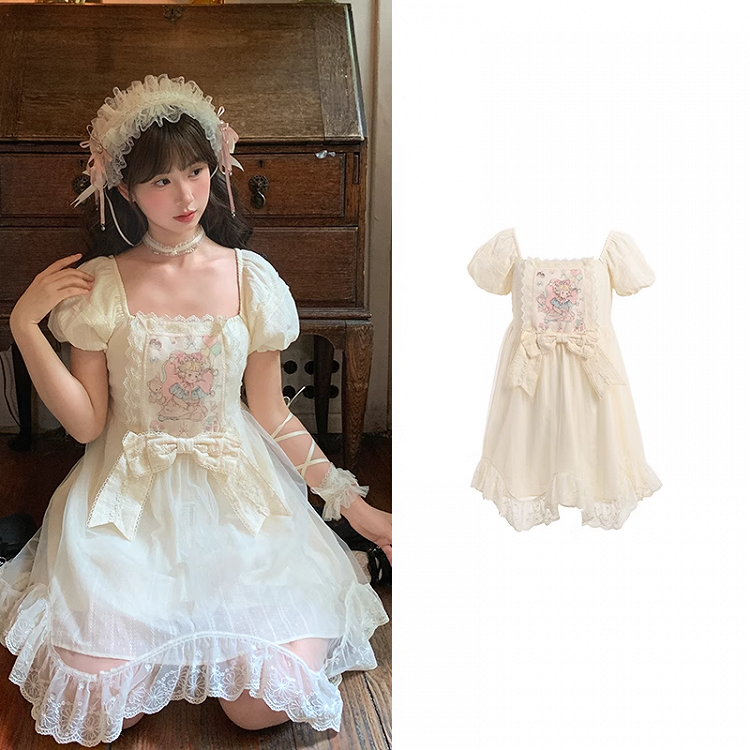 Sweet Fairy Tale Print Apricot Square Puff Short Casual Bow Big Lolita Dress Waist Neckline Sleeves and