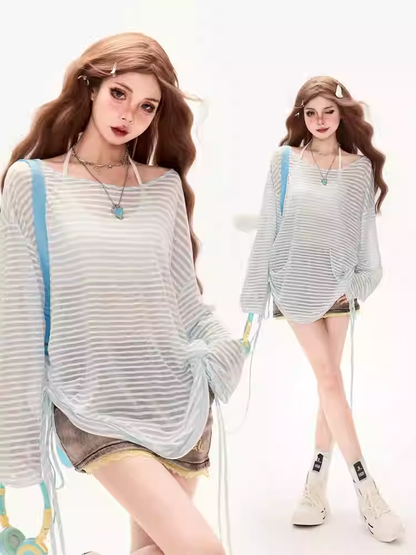 Semi-Sheer Coverup Blue and White Striped Sun Protection