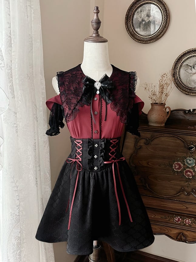 Red Open-Shoulder Set: Kei Blouse Black 3-Piece Bow Skirt Tie and Jirai Contrast High-Waist with