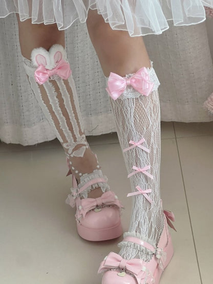Lolita Stockings And Under-knee Bowknot Ears Details Rabbit With Y2K Pink White/Black