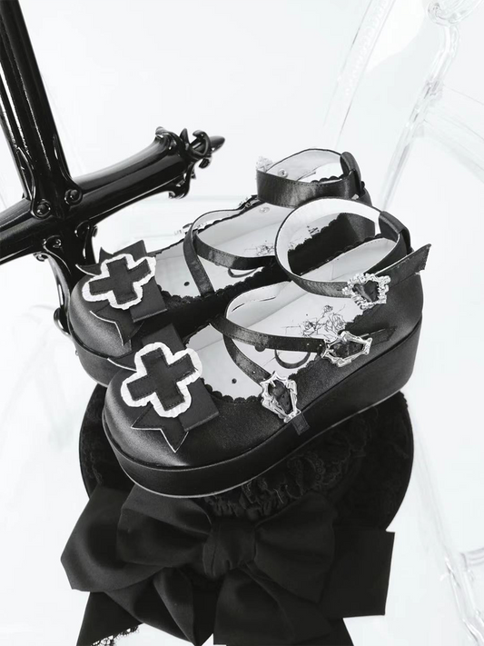 6cm Gothic Heel Straps Black Criss-cross Balletcore Satin Platform Buckle Shoes with