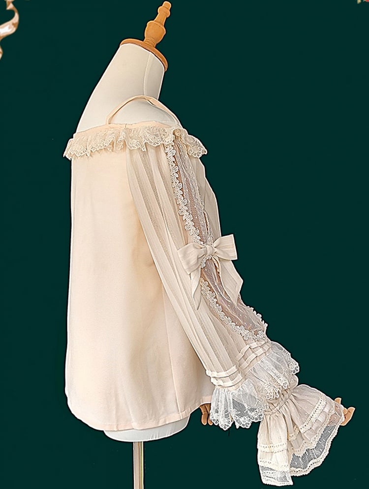 Lace Blouse Trim with Apricot Off-the-shoulder Neckline Lolita Sleeves Semi-sheer and