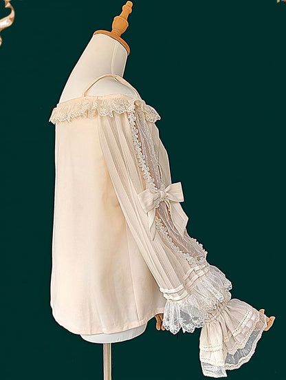 Lace Blouse Trim with Apricot Off-the-shoulder Neckline Lolita Sleeves Semi-sheer and