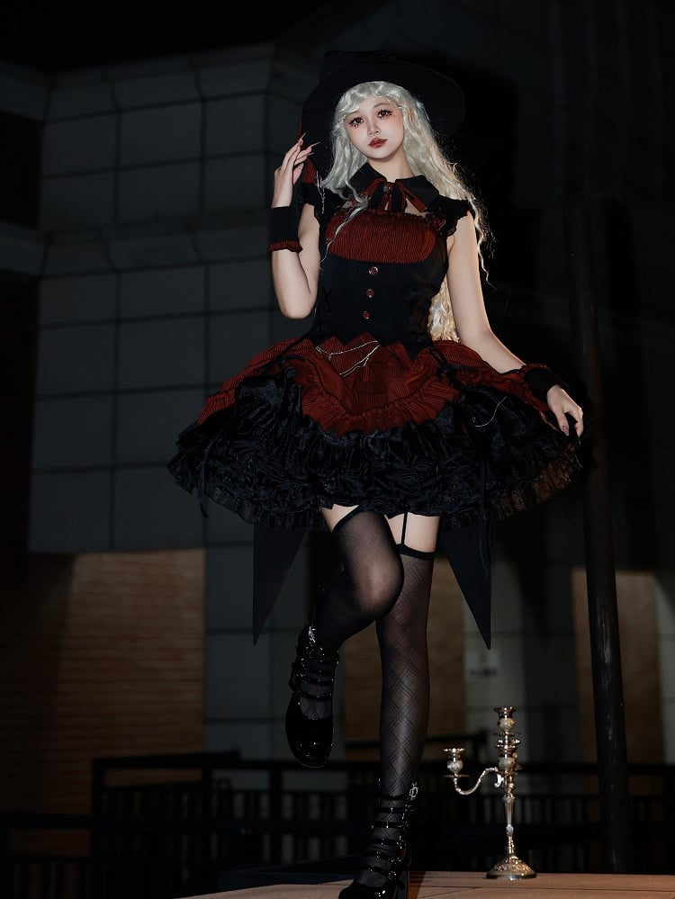 Hem Drawstring Lolita Halloween Gothic Boned and Black Pattern Waist Striped Red Dress