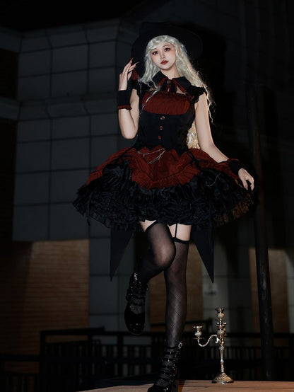 Hem Drawstring Lolita Halloween Gothic Boned and Black Pattern Waist Striped Red Dress