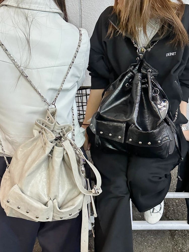 2-Way White Backpack With Drawstring Closure And Chain Straps