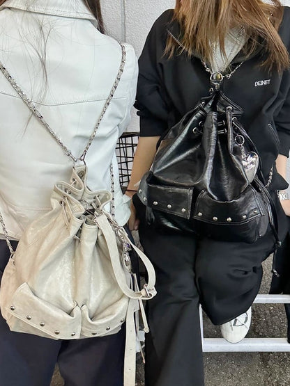 2-Way White Backpack With Drawstring Closure And Chain Straps