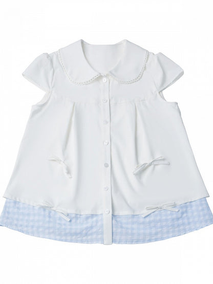 White Gingham Peter Pan Collar Blouse - PINK SAVIOR