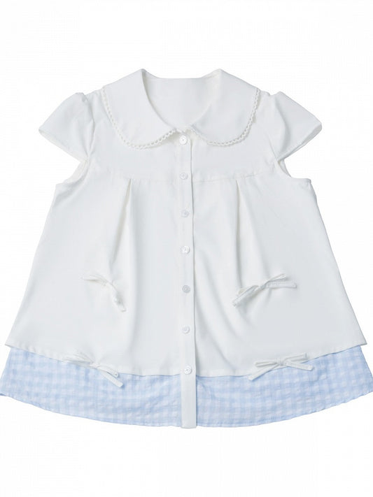 White Gingham Peter Pan Collar Blouse - PINK SAVIOR