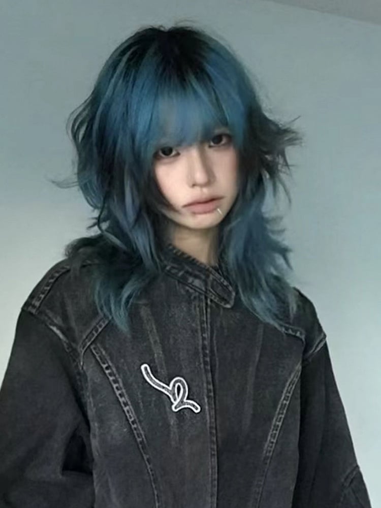 55CM Short Blue Wig Style Bangs Highlight with Ouji