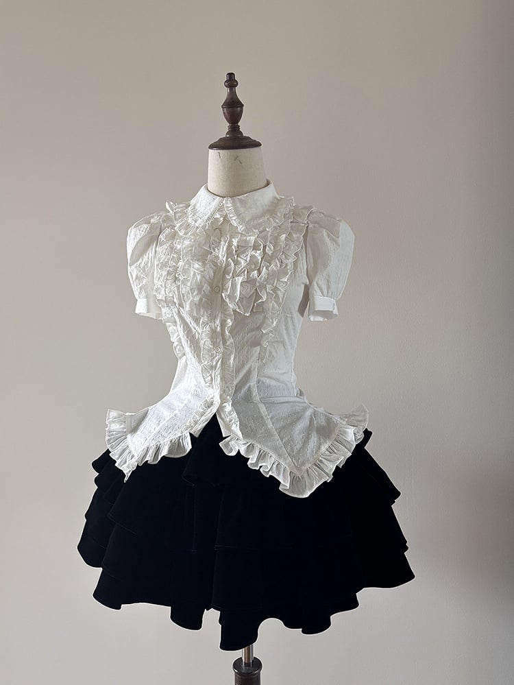 Trim Puff-Sleeve Collar White Blouse Ruffle