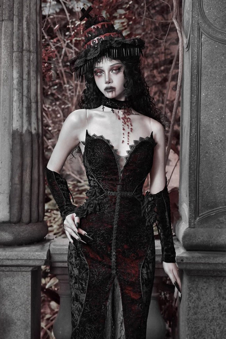 Black and Red Sleeveless High-Waisted Ruffle Lace Gothic Fishtail Dress