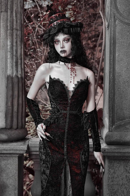 Black and Red Sleeveless High-Waisted Ruffle Lace Gothic Fishtail Dress