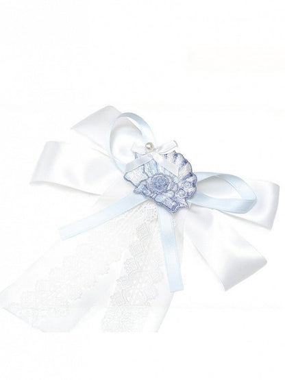 Blue & White Bow Accessory with Shell Embroidery - Yimu Walnut