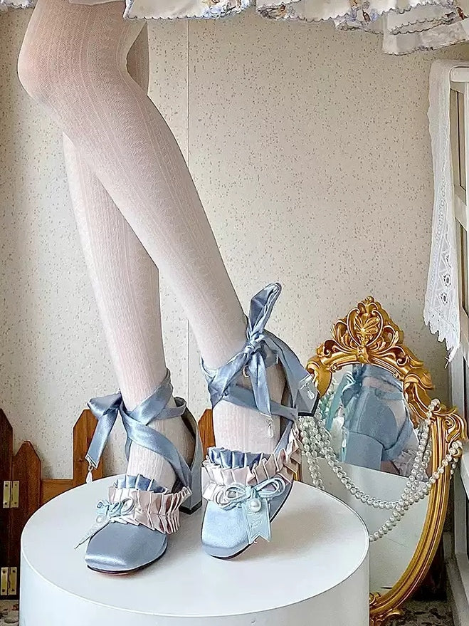 Chaussures habillées élégantes Lolita à talons carrés bleus de 4,5 cm avec garniture à volants et bout orné