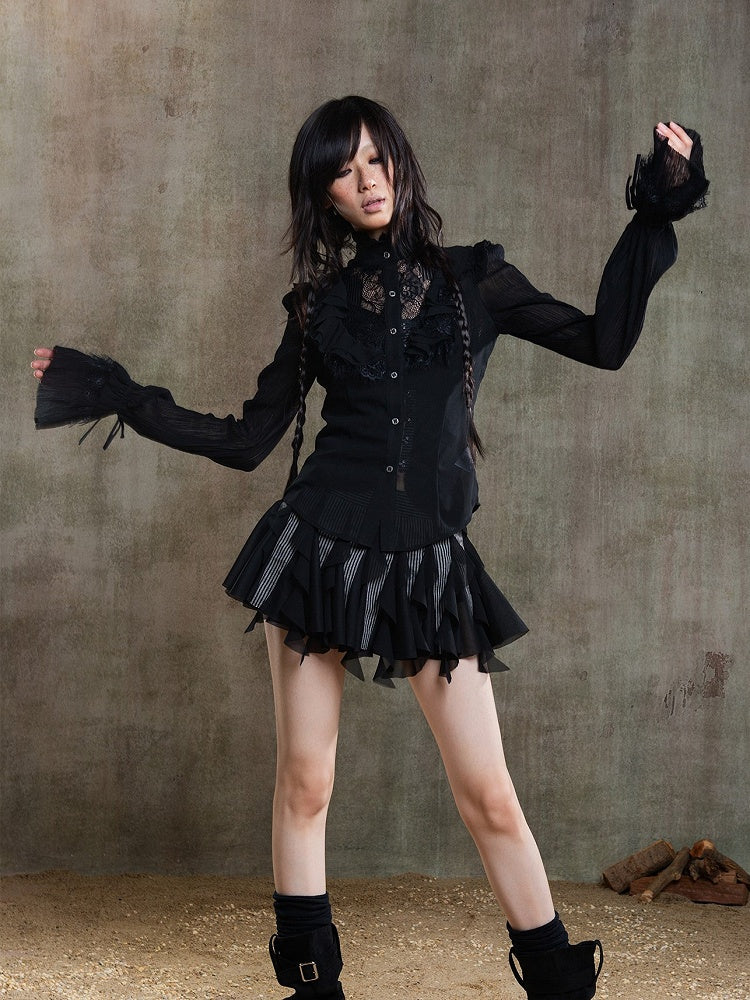 Gothic Floral Semi-Sheer Blouse Chiffon Sleeves Black Embroidery Punk Poet with