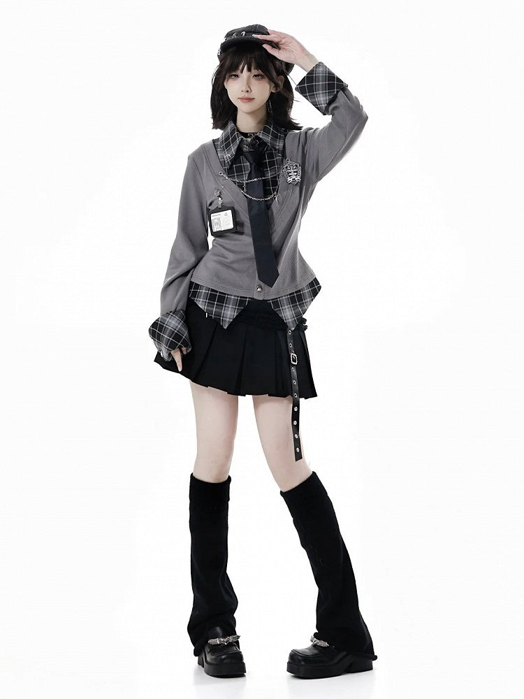 Skirt Box Accents Core Pleat Cross Edgy Black with Metal - Academic Gothic