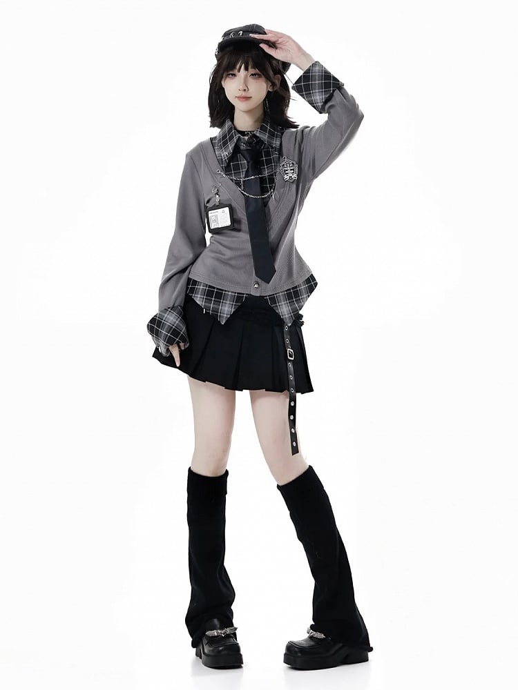 Academic Edgy Shirt Vibes Plaid Two-Piece Effortless Faux Gray –