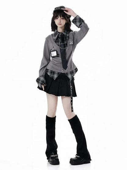 Academic Edgy Shirt Vibes Plaid Two-Piece Effortless Faux Gray –