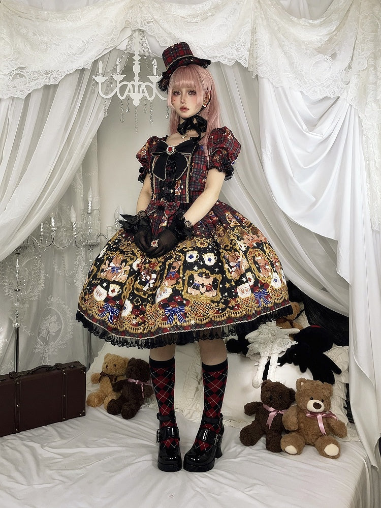Print Puff Lace Lolita Trim Sleeves Dress Red and Black Bear Sweet Plaid with