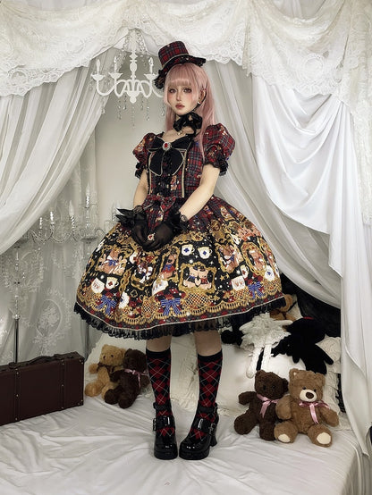 Print Puff Lace Lolita Trim Sleeves Dress Red and Black Bear Sweet Plaid with