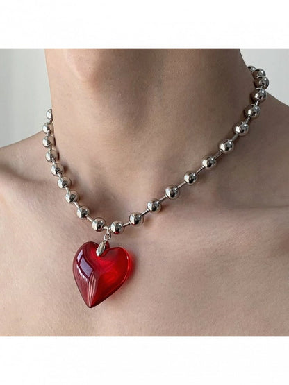 Ruby Heart Pendant Bead Necklace - YSHXS