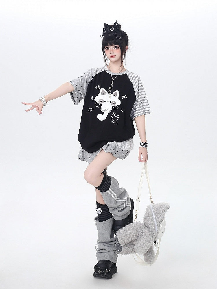 Black Short Sleeve Tee with 3D Plush Kitty - CRAZY GIRL
