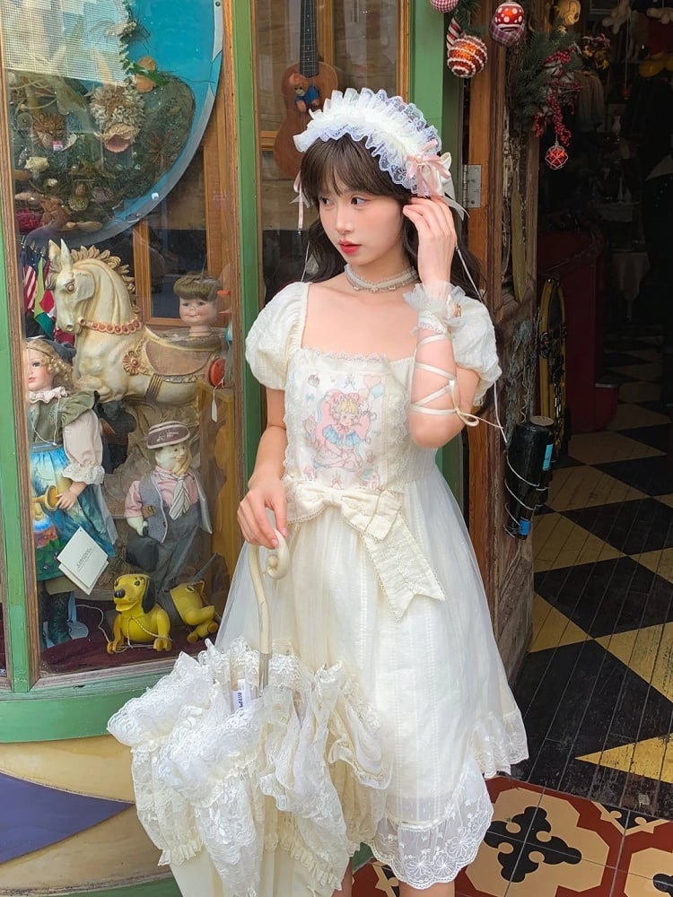 Sweet Fairy Tale Print Apricot Square Puff Short Casual Bow Big Lolita Dress Waist Neckline Sleeves and