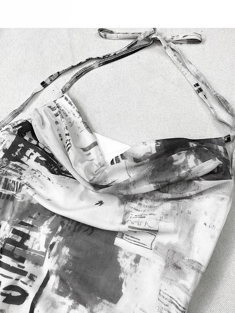 ダイタイデザイン + チェック柄キャミソールドレス トップネック アシンメトリースカートディテール ホワイト ブラックヘム ホルターネック スパイダーウェブ